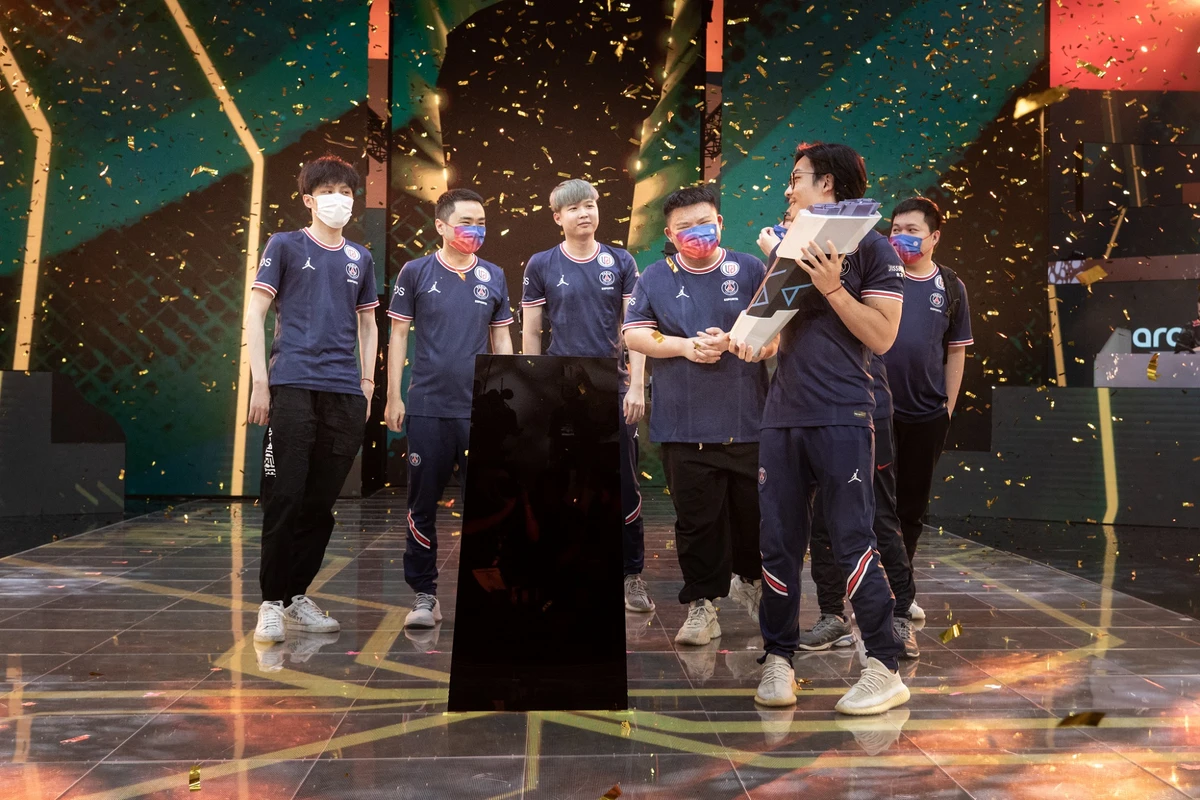 PSG.LGD celebrate winning Dota 2 Riyadh Masters at Gamers8. (Gamers8)