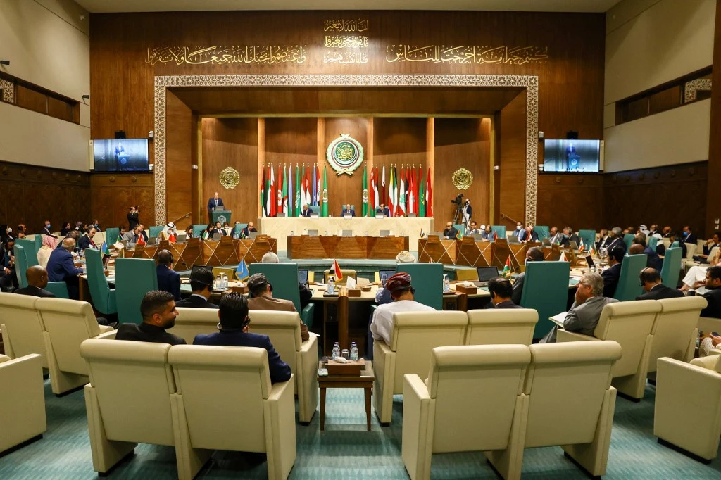 Russian Foreign Minister Sergei Lavrov addresses permanent representatives to the Arab League in Cairo on July 24, 2022. (Russian Foreign Ministry/AFP)