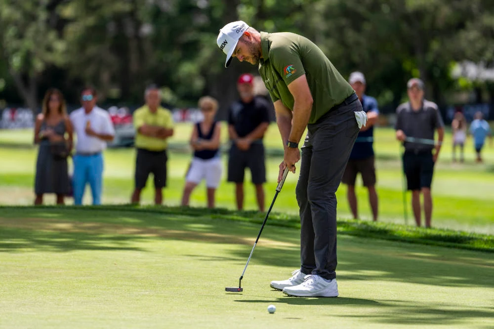Taylor Pendrith makes a birdie putt on the fourth hole during the second round of the Rocket Mortgage Classic golf tournament. (USA TODAY Sports)