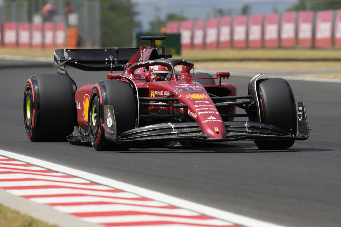 Ferrari driver Charles Leclerc of Monaco steers his car during the first free practice for the Hungarian Formula One Grand Prix at the Hungaroring racetrack in Mogyorod, near Budapest on Friday. (AP)