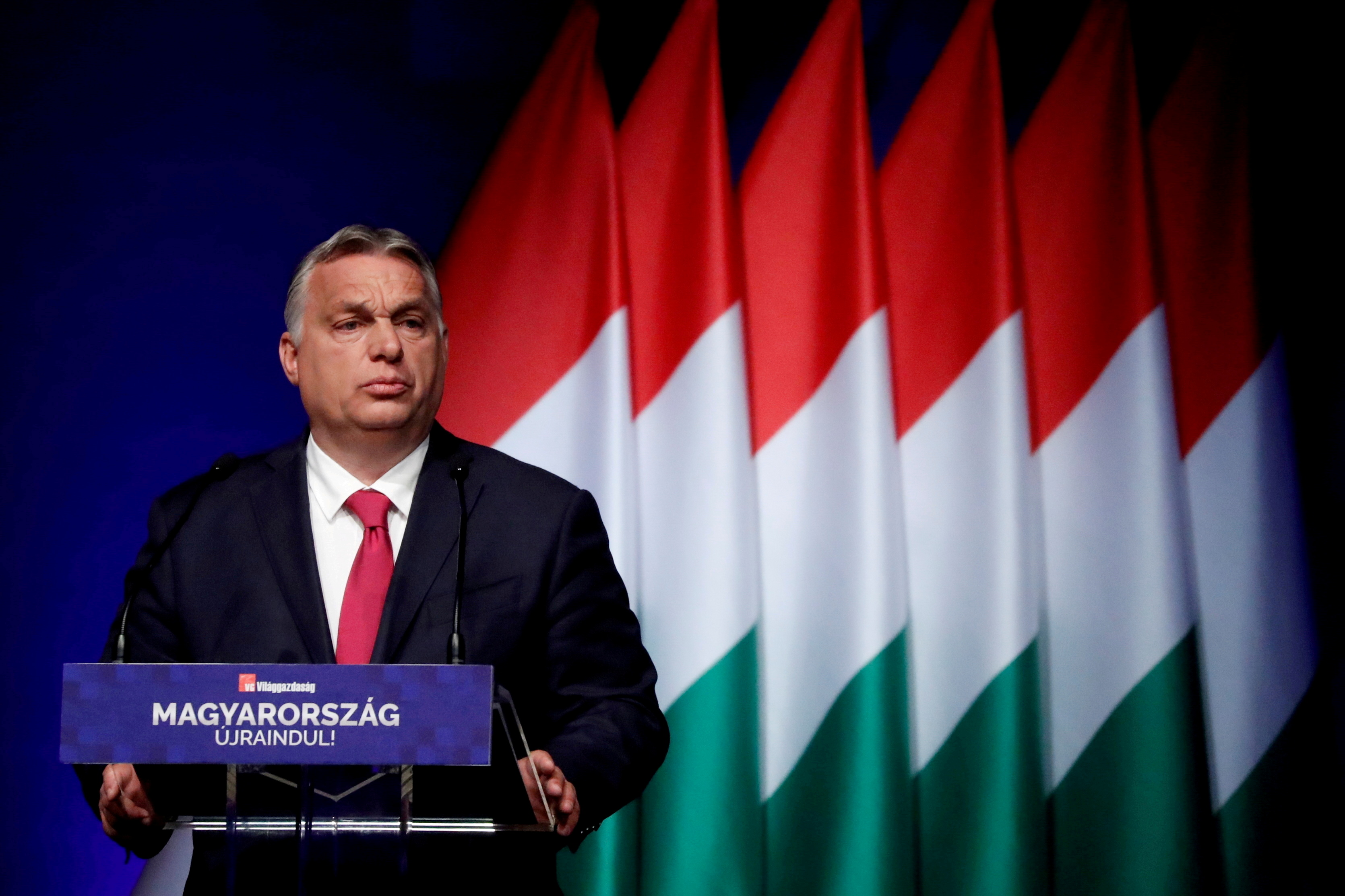 Hungarian Prime Minister Viktor Orban addresses a business conference in Budapest, Hungary, June 9, 2021. (Reuters)