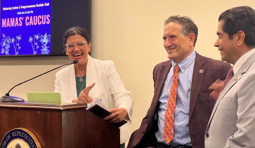Andy Levin, center, with Rashida Tlaib. (Twitter Photo)