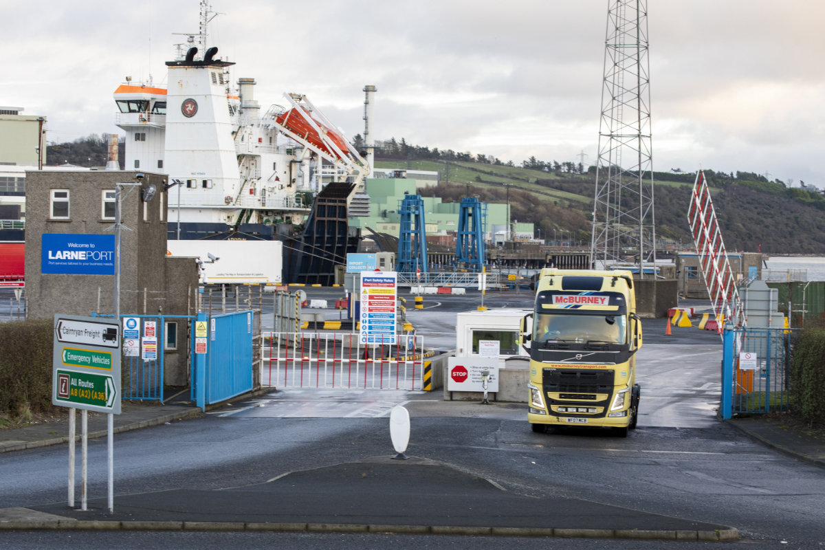A lorry leaves Larne port in Antrim, where a customs post has been established as part of the Northern Ireland Protocol. (AFP)