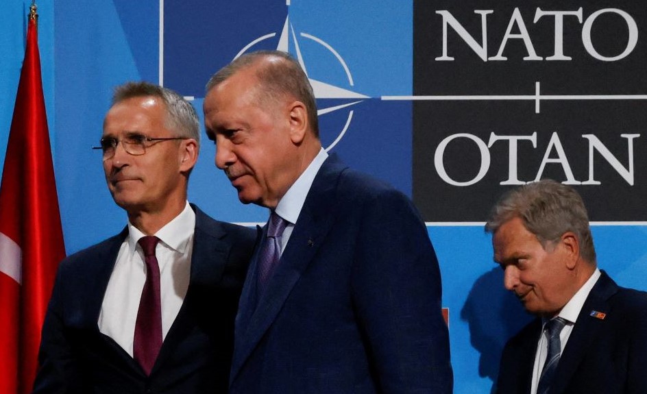 Jens Stoltenberg, Recep Tayyip Erdogan and Finnish President Sauli Niinisto at the NATO summit in Madrid. (Reuters)