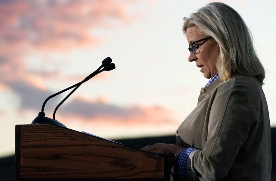 Rep. Liz Cheney, R-Wyoming, speaks Tuesday, Aug. 16, 2022, at a primary Election Day gathering in Jackson, Wyoming. (AP Photo)