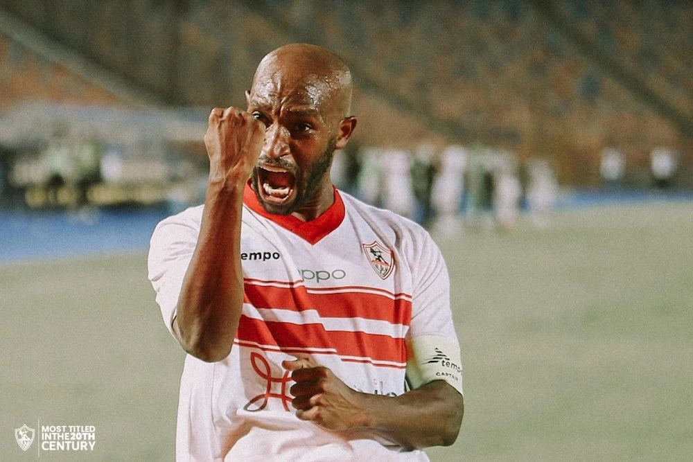Shikabala celebrates scoring Zamalek’s third goal in the 3-0 win over Pyramids. (Twitter: @ZSCOfficial)