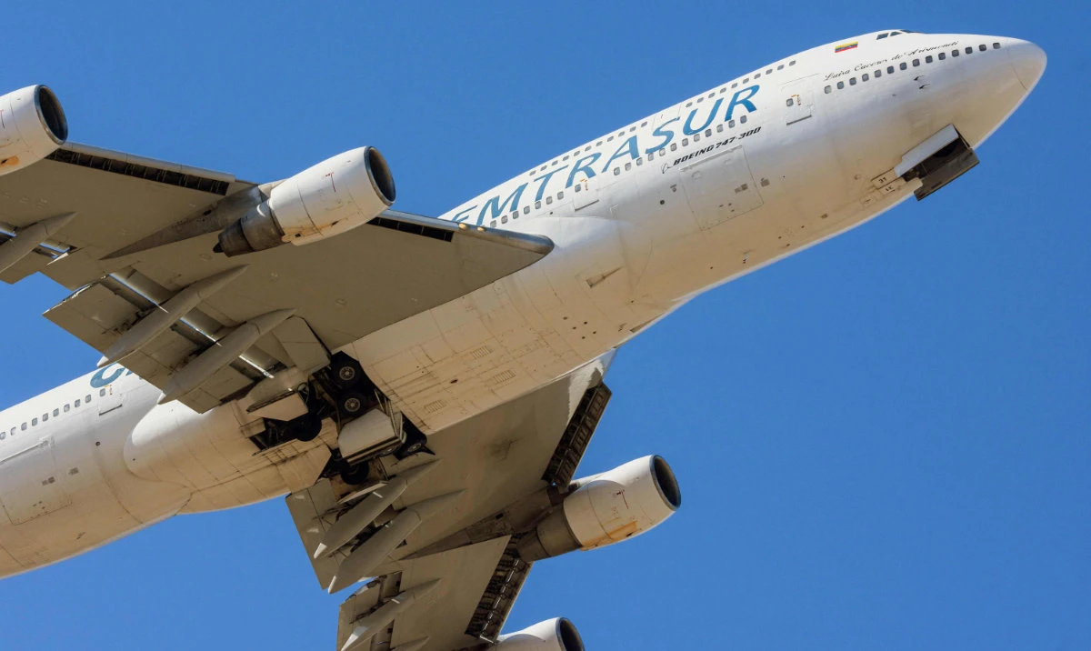This file photo taken on June 6, 2022, shows the Boeing 747-300 registered number YV3531 of Venezuelan Emtrasur Cargo airline after taking off from the international airport in Cordoba to Buenos Aires. (AFP)