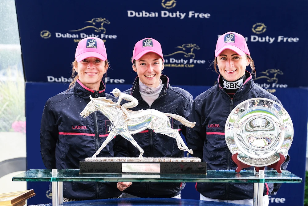 From left: DDF Shergar Cup 2021 winning team of Hayley Turner, Mickaelle Michel and Nicola Currie. (DDF)