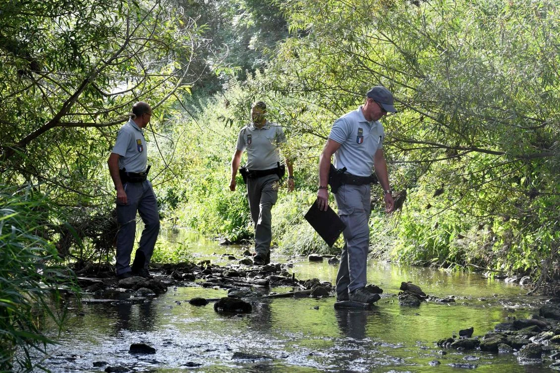 Members of the French Office for Biodiversity check the level of the Yser river amid an intense drought in the country in Herzeele, northern France on Tuesday. (AFP)