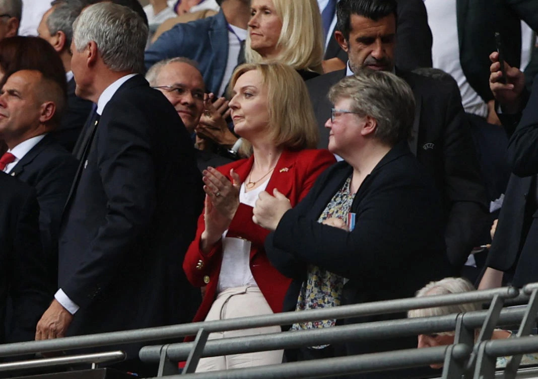 British Foreign Secretary and Conservative leadership candidate Liz Truss in the stand before the Women’s Euro 2022 Final between England and Germany at Wembley Stadium on Sunday. (Reuters)