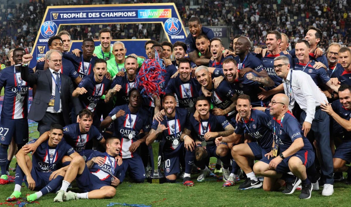 Paris Saint-Germain team players celebrate winning the French Champions' Trophy final football match versus FC Nantes at the Bloomfield Stadium in Tel Aviv on July 31, 2022. (AFP)