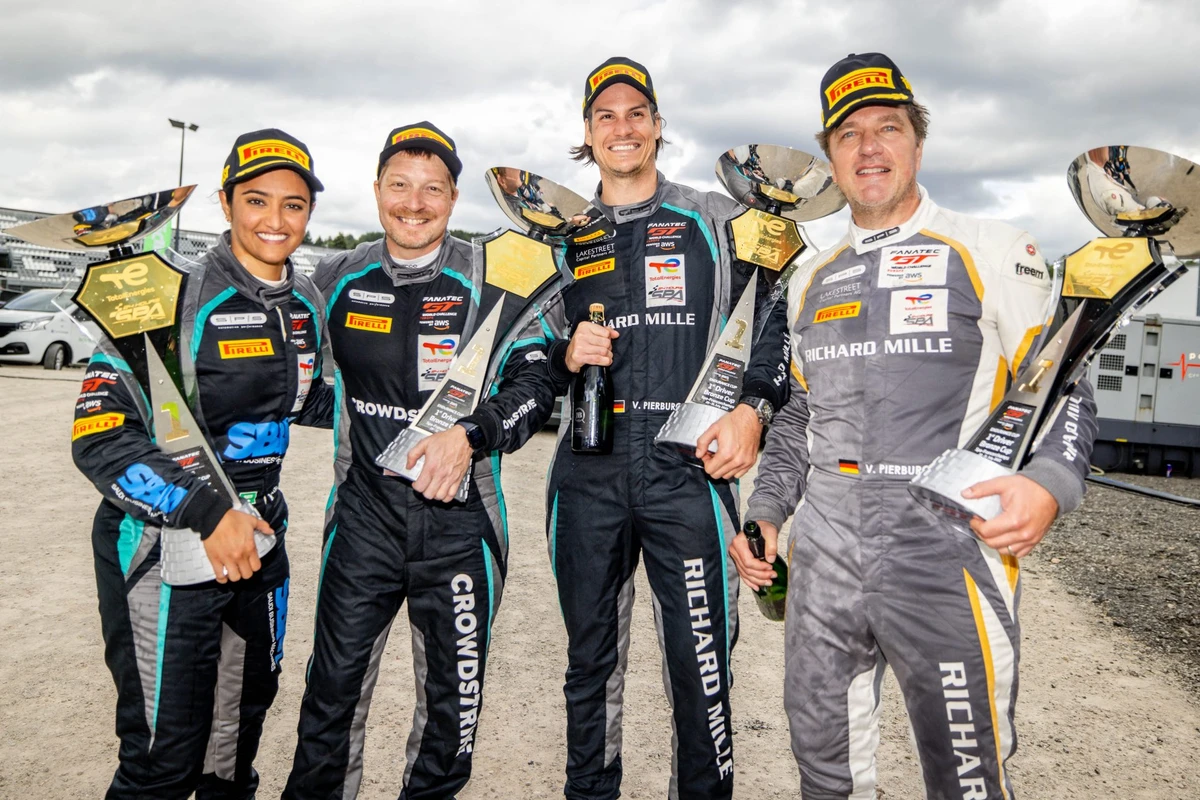 Reema Juffali celebrates in Spa with her SPS Automotive Performance teammates. (SPS Automotive Performance)