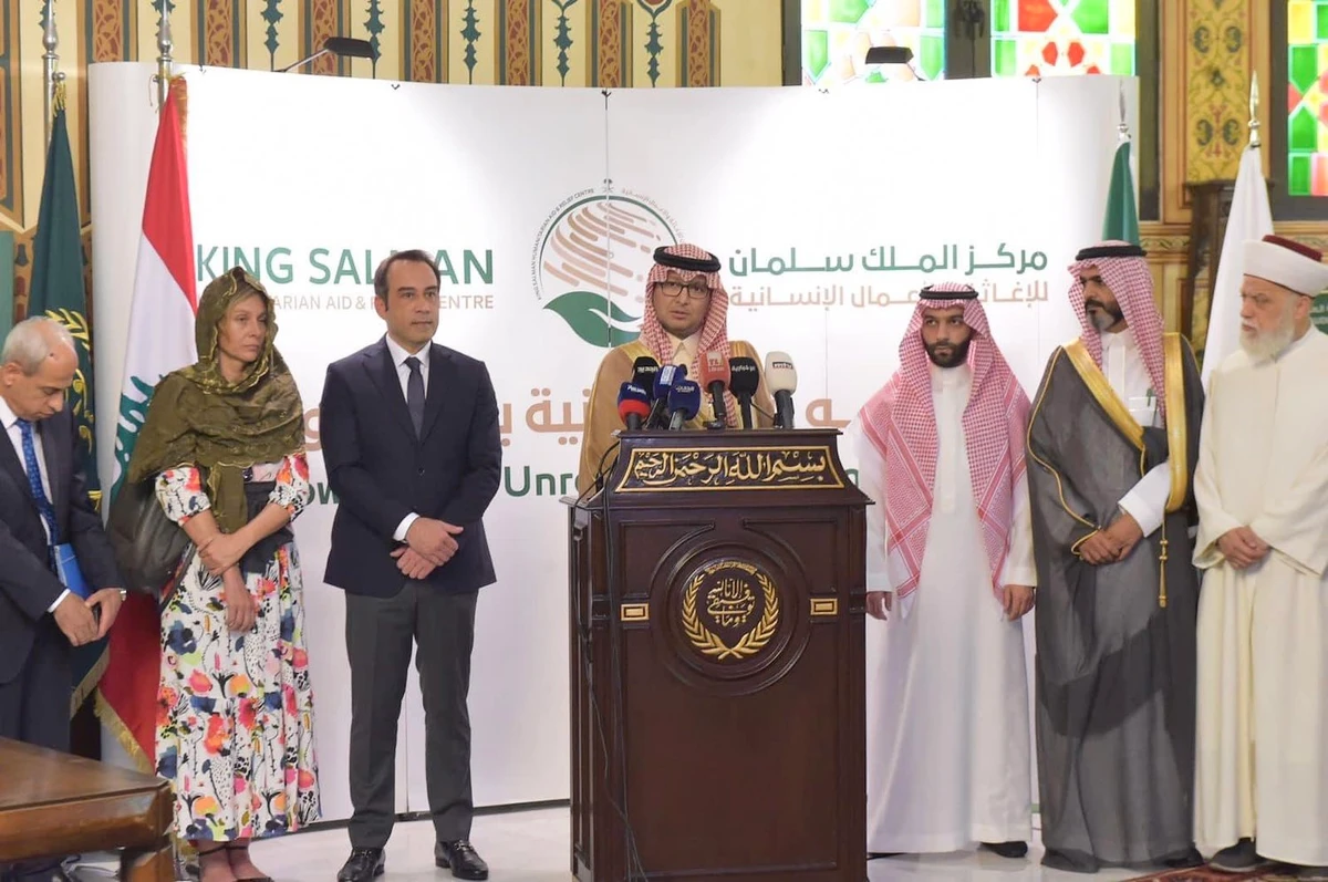 Saudi Arabia’s ambassador to Lebanon Waleed Bukhari speaks at the launch of the KSrelief project. (@bukhariwaleeed)