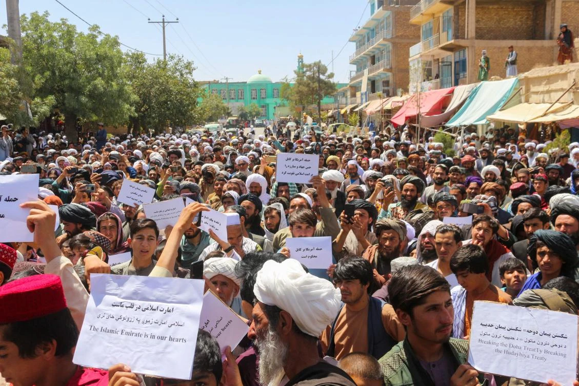 Afghans shout anti-US slogans during a demonstration to protest against a recent US drone strike in Kabul after the Friday noon prayer in Badghis on Friday. (AFP)