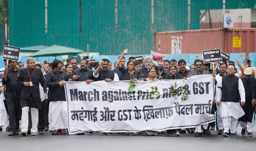 Lawmakers from India's opposition Congress party march during a protest in New Delhi, India, Friday, Aug. 5, 2022. (AP)