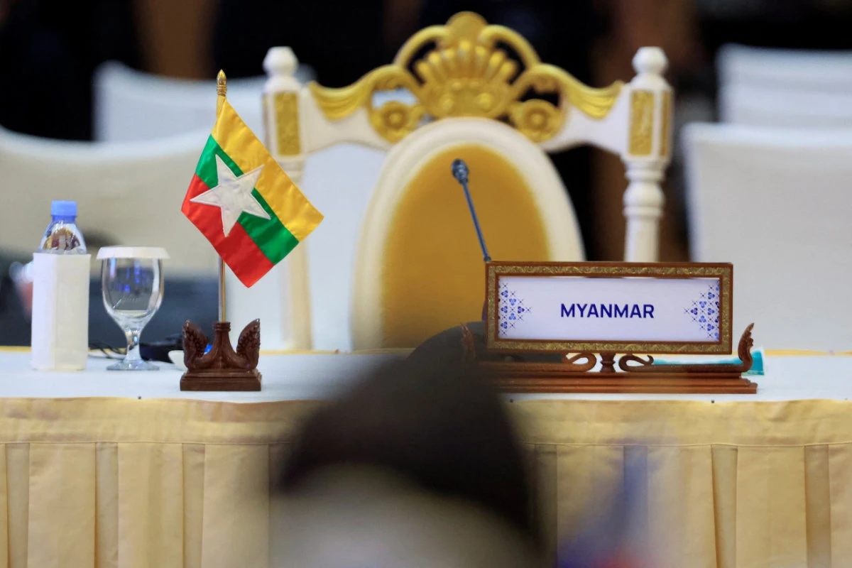 The seat for Myanmar's Foreign Minister Wunna Maung Lwin is seen empty during the ASEAN Foreign Ministers Meeting in Phnom Penh, Cambodia, on Aug. 4, 2022. (REUTERS/Soe Zeya Tun)