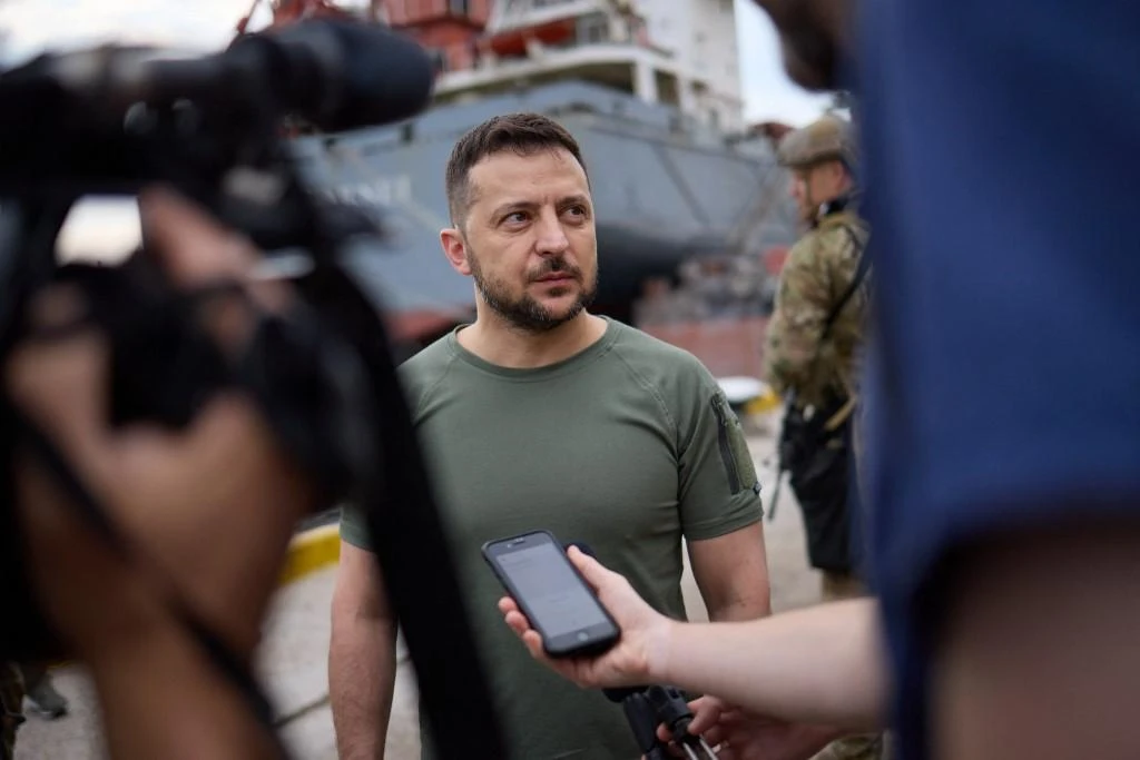 President Volodymyr Zelensky facing journalists during a visit to Black Sea port of Chornomorsk. (File/AFP)