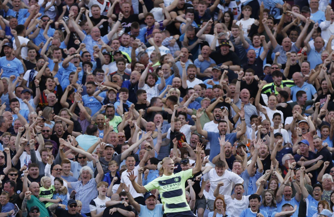 Manchester City’s Erling Braut Haaland celebrates scoring his second goal against West Ham at London Stadium, London, Britain, Aug. 7, 2022. (Reuters)
