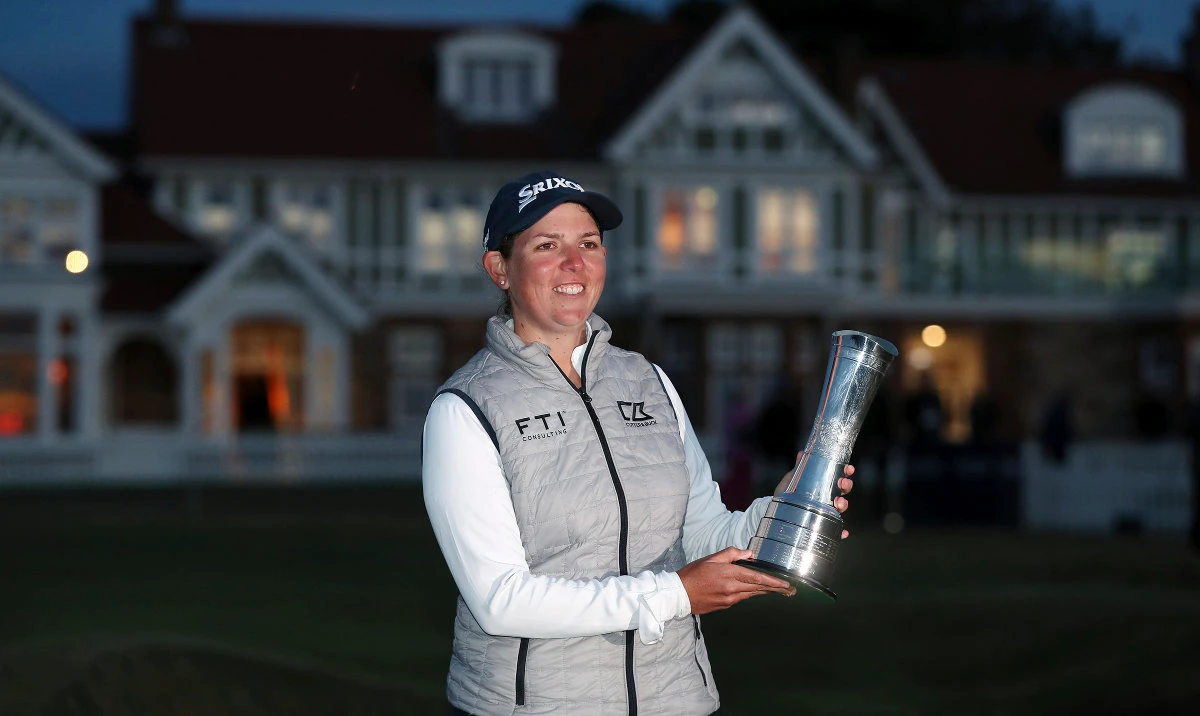 South Africa’s Ashleigh Buhai with the trophy after winning the Women’s British Open golf championship, during the presentation ceremony in Muirfield, Scotland, Sunday. (AP)