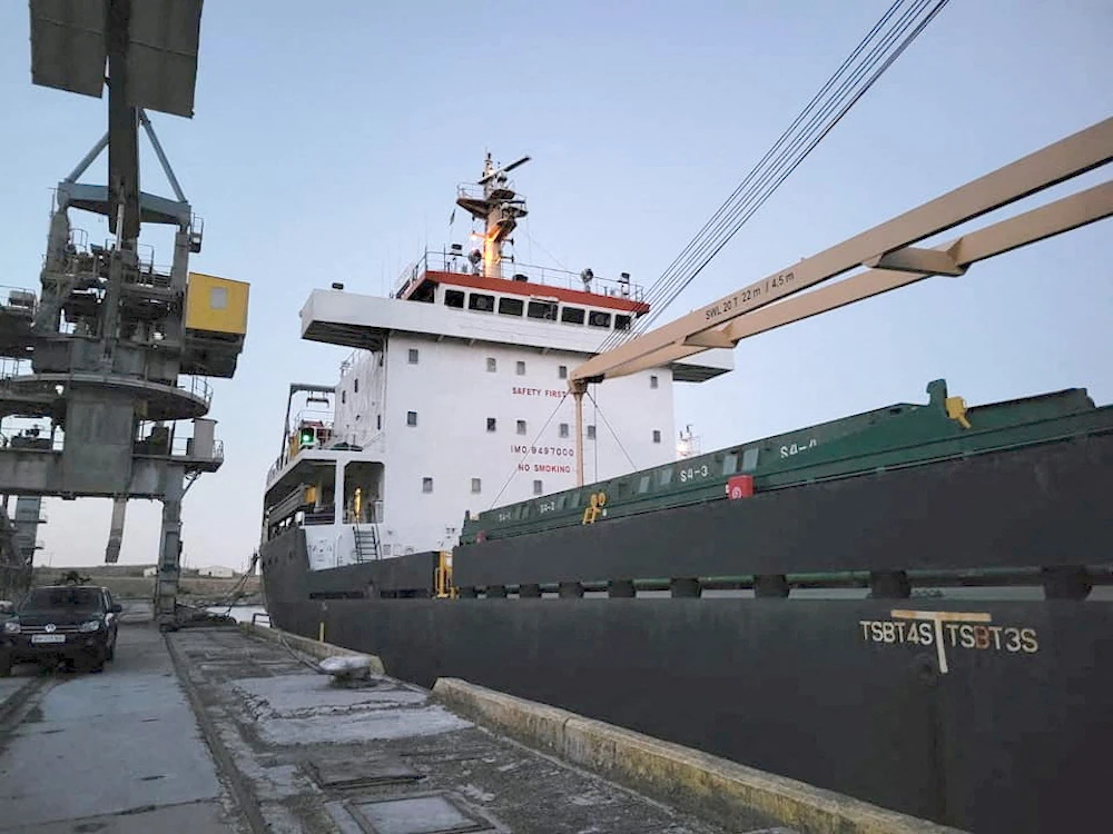 The Libyan-flagged Sacura, above, which departed from Pivdennyi is carrying 11,000 tons of soybeans to Italy. (Ministry of the Ukrainian Sea Ports Authority via Reuters)