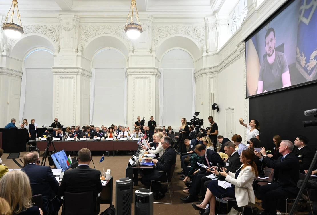 Ukrainian President Volodymyr Zelensky addresses a donor conference in Copenhagen on Aug. 11, 2022 jointly hosted by the defense ministers from Ukraine, Great Britain and Denmark. (Ritzau Scanpix/AFP)