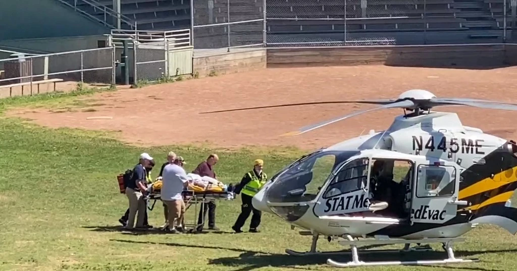 Salman Rushdie is seen being loaded onto a medical evacuation helicopter near the Chautauqua Institution after being stabbed in the neck while speaking on stage in Chautauqua, New York. (File/AFP)