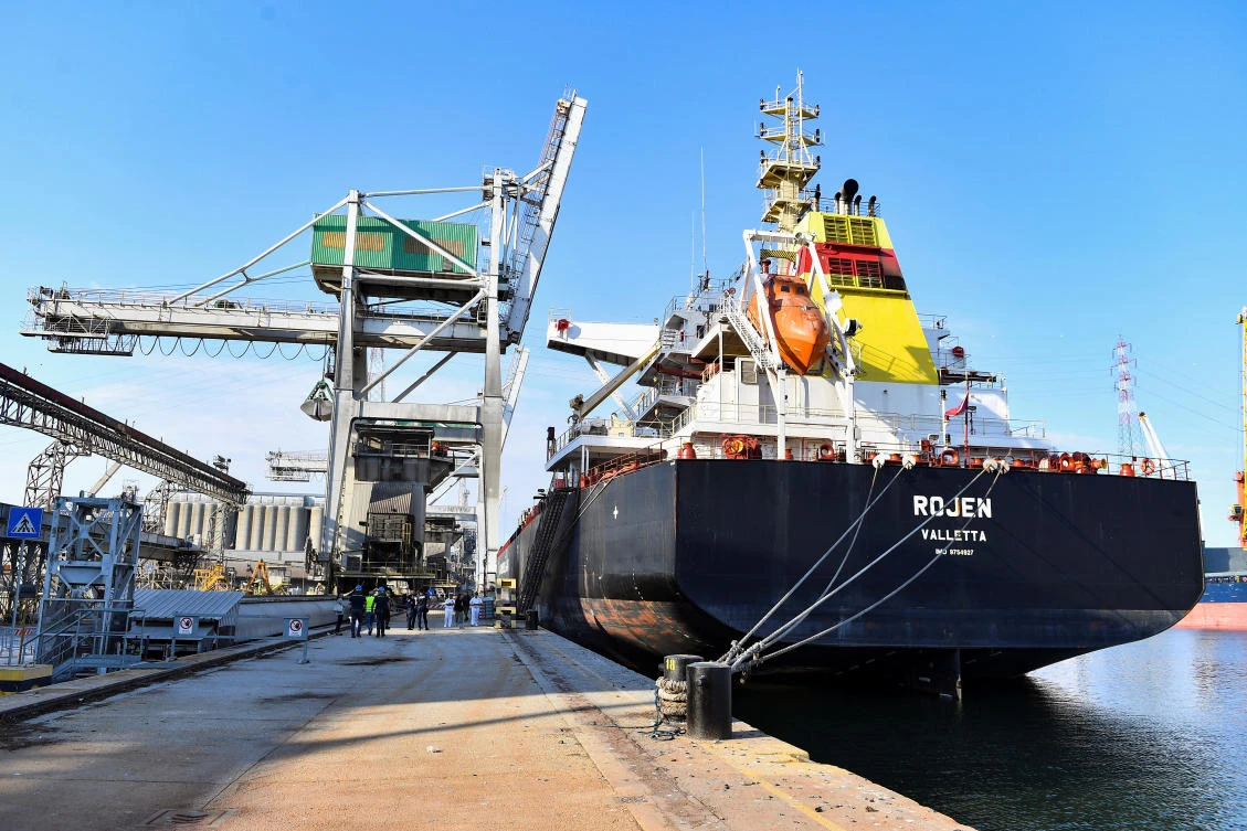 The Rojen ship, containing 13,000 tonnes of corn from Ukraine, is seen a day after it arrived in the northern Italian port city of Ravenna after stopping off in Turkey, in Ravenna, Italy, August 13, 2022. (Reuters)