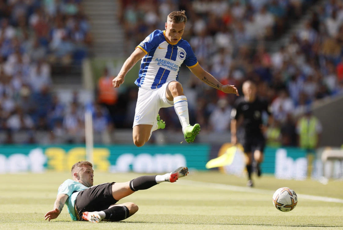 Brighton & Hove Albion’s Leandro Trossard in action with Newcastle United’s Kieran Trippier during their Premier League match at The American Express Community Stadium, Brighton on Saturday. (Reuters)