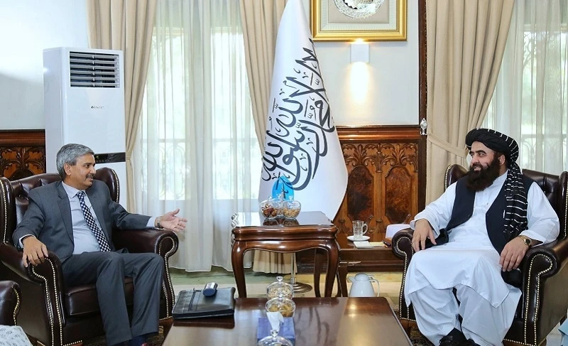 Afghanistan's Acting Foreign Minister Amir Khan Muttaqi, right, meets with Indian Ministry of External Affairs Joint Secretary J.P. Singh in Kabul on June 2, 2022. (Photo courtesy: Afghan Foreign Ministry)