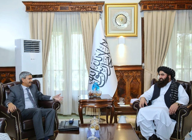 Afghanistan's acting Foreign Minister Amir Khan Muttaqi meets with Indian MEA Joint Secretary J.P. Singh in Kabul. (Afghan Foreign Ministry)