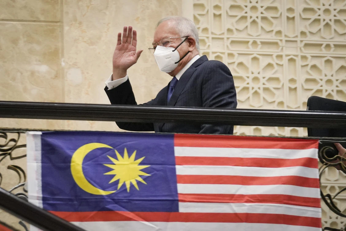 Former Malaysian Prime Minister Najib Razak was sentenced to 12 years in jail by a high court in July 2020 after being found guilty of abuse of power, criminal breach of trust and money laundering. (AP)