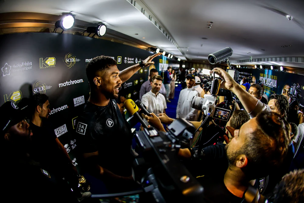 Antony Joshua speaking to the world's media at the Shangri-La hotel in Jeddah, ahead of the Rage on the Red Sea fight with Oleksandr Usyk. (Supplied)