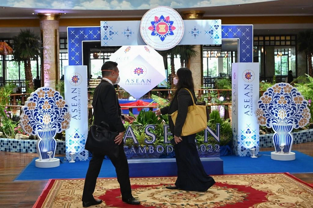 Above, delegates at the 55th ASEAN Foreign Ministers’ Meeting in Phnom Penh earlier this month. (AFP)