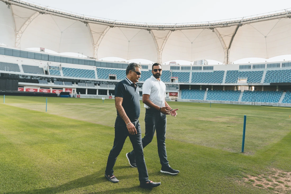 Kanwal S. Sra (left), founder and chairman of the UIBL, and Kash Shaikh, president and chief marketing officer, at Dubai International Stadium. (Supplied)