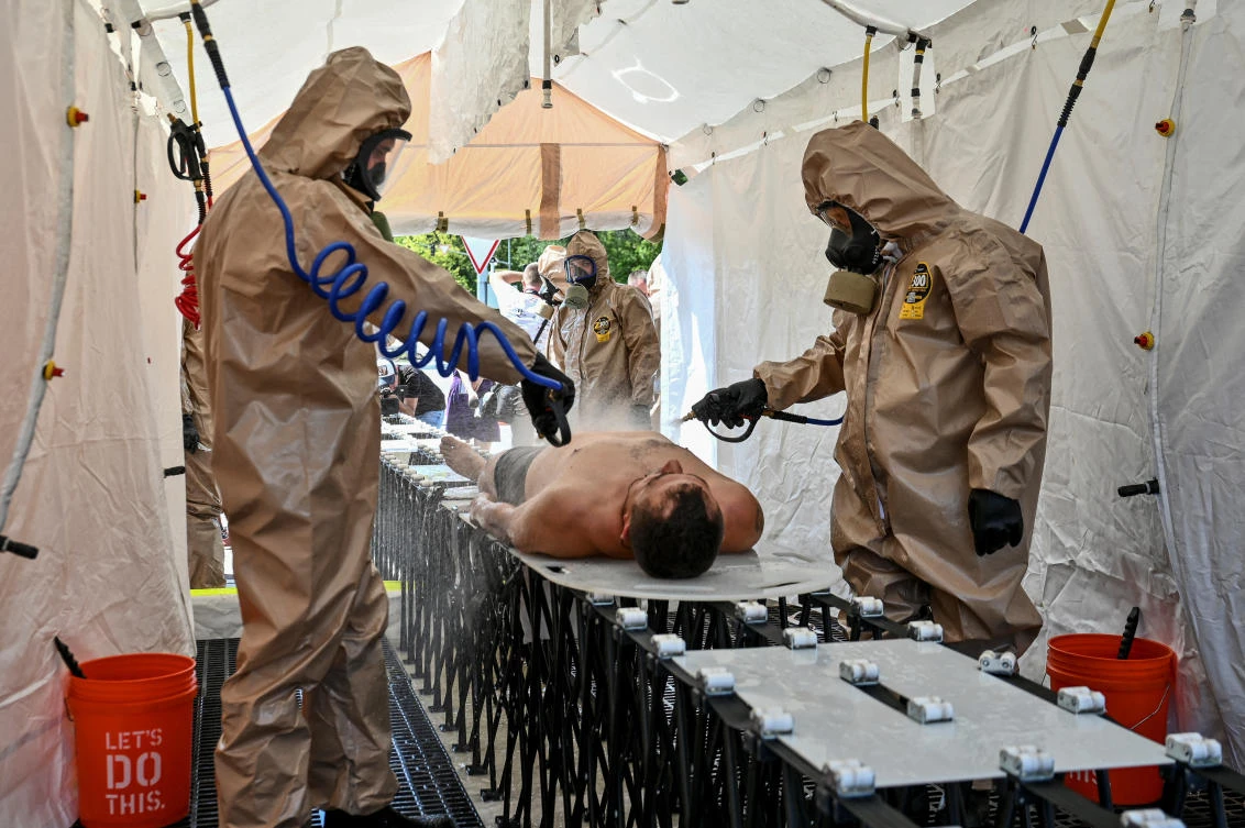 Members of the State Emergency Service attend nuclear disaster response drills amid shelling of Zaporizhzhia Nuclear Power Plant, as Russia’s attack on Ukraine continues, in Zaporizhzhia, on Wednesday. (Reuters)