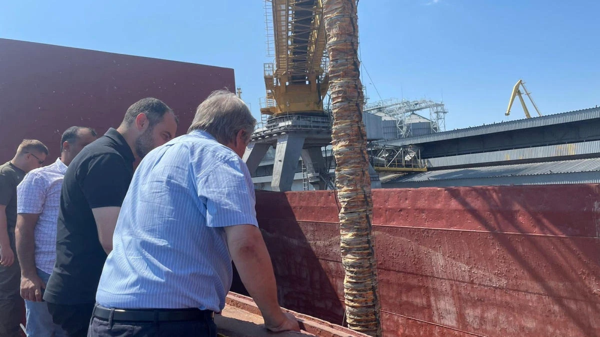 UN Secretary-General Antonio Guterres stands as he gets on board of a ship at Odesa port in Odesa, Ukraine on Friday. (Reuters)