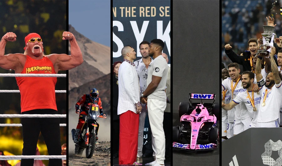 This combination of photos shows sportsmen around the world taking part in Saudi sports event. (Supplied)