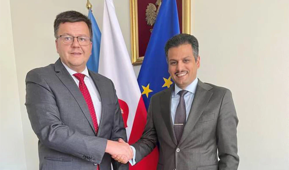 Saudi Arabia’s envoy to the UN Abdulmohsen Majed bin Khothaila meets with Poland Ambassador Zbigniew Czech in Geneva on Tuesday. (Supplied)