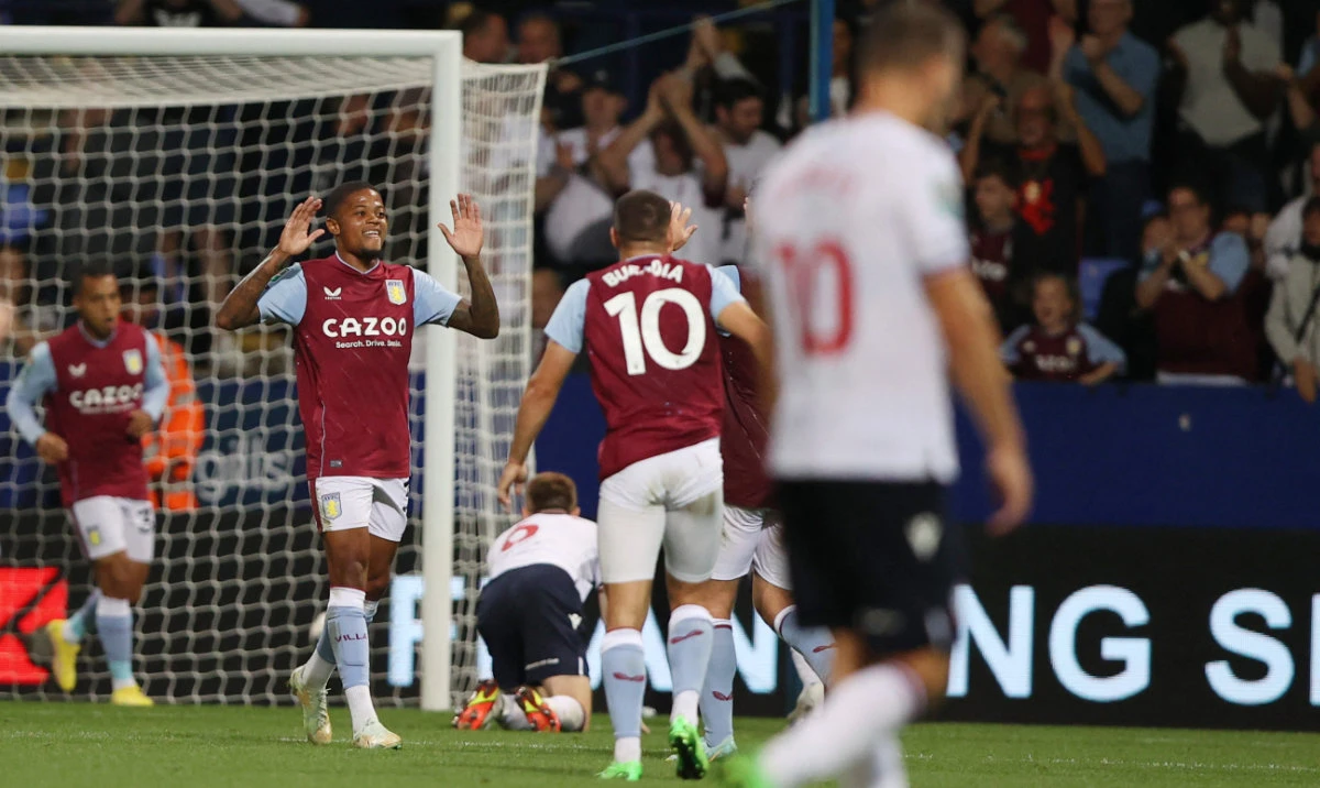 Aston Villa's Leon Bailey celebrates scoring their fourth goal against Bolton Wanderers during the League Cup second round match at the University of Bolton Stadium Tuesday. (Reuters)