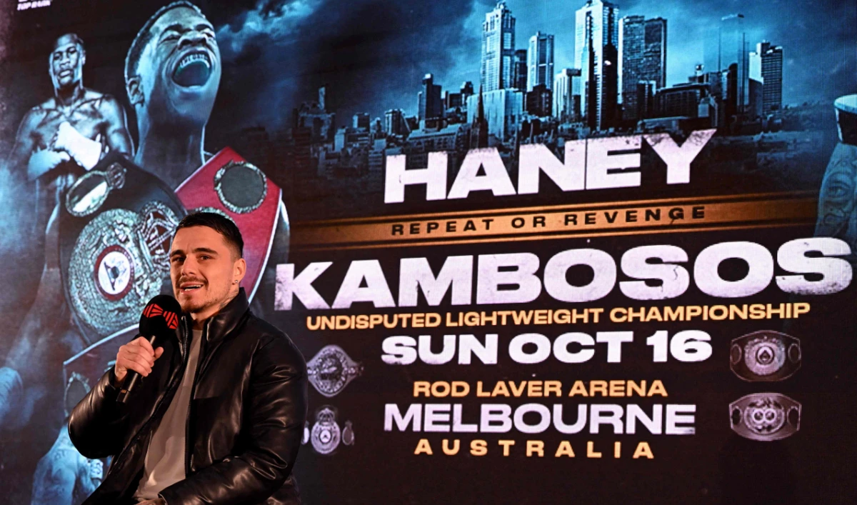 Australian boxer George Kambosos Jr. during a press conference in Melbourne on Aug. 23, 2022, announcing a rematch against undisputed lightweight champion Devin Haney of the US on Oct. 16. (AFP)