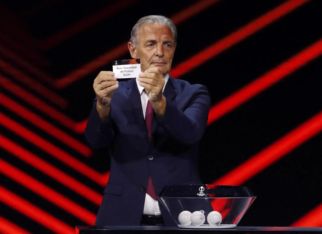 Karl-Heinz Korbel draws Real Sociedad during the Europa League Group Stage draw at Halic Congress Center, Istanbul on Friday. (Reuters)