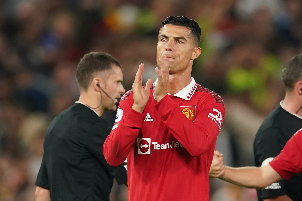 Manchester United’s Cristiano Ronaldo applauds at the end of their Premier League match against Liverpool at Old Trafford stadium, in Manchester on Aug. 22, 2022. (AP)