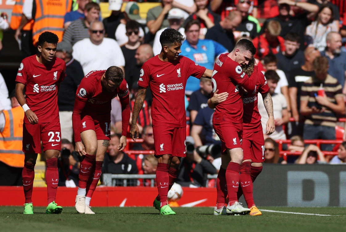 Liverpool’s Harvey Elliott celebrates scoring their second goal with Andrew Robertson, Roberto Firmino, Jordan Henderson and Luis Diaz during their Premier League match against AFC Bournemouth at Anfield, Liverpool on Saturday. (Reuters)