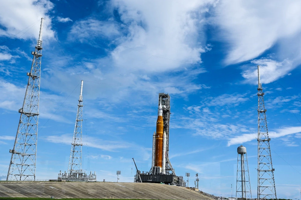 The Artemis I unmanned lunar rocket sits on the launch pad at the Kennedy Space Center in Cape Canaveral, Florida, on August 25, 2022, ahead of its expected launch on August 29. (AFP)