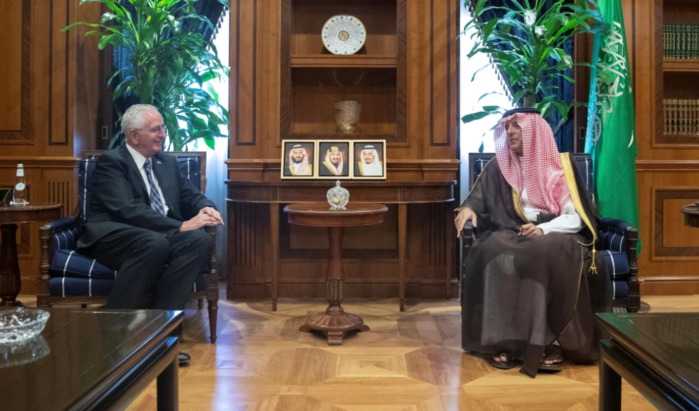 Adel Al-Jubeir meets with Danish ambassador to Saudi Arabia, Ole Moesby, in Riyadh. (SPA)