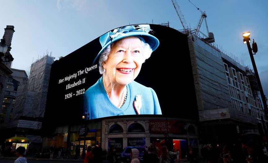 An image of Queen Elizabeth at Piccadilly Circus after she died aged 96, London, Britain, Sept. 8, 2022. (Reuters)