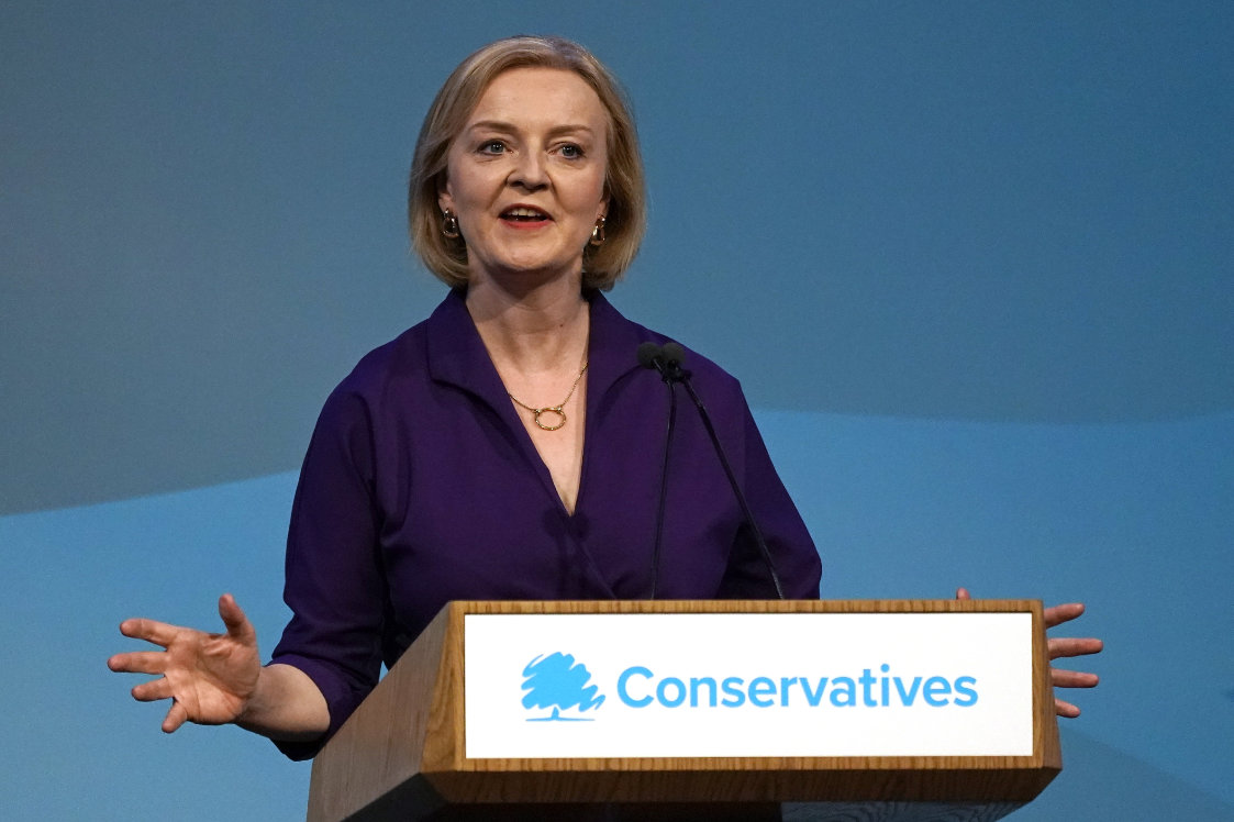 British lawmaker Liz Truss speaks after winning the Conservative Party leadership contest in London on Monday. (AP)