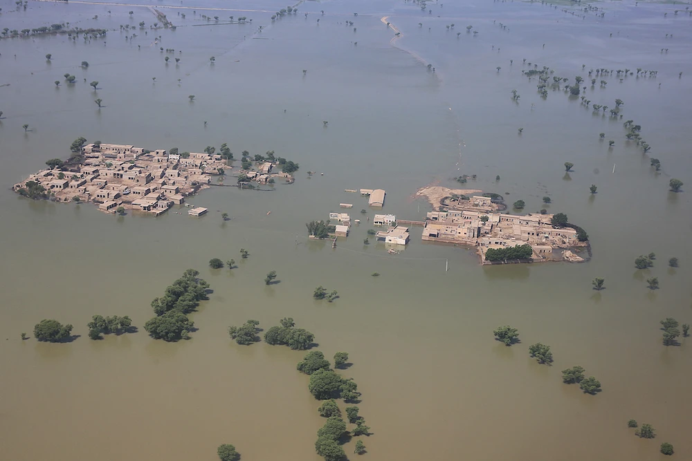 This aerial photograph taken on September 1, 2022 shows a flooded residential area after heavy monsoon rains in Dadu district of Sindh province, Pakistan. (AFP)