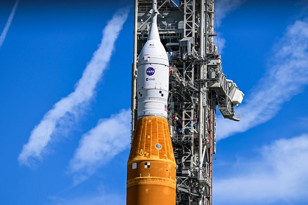 The Artemis I unmanned lunar rocket sits on the launch pad at the Kennedy Space Center on September 1, 2022. - NASA will make a second attempt to launch its powerful new Moon rocket on September 3. (AFP)