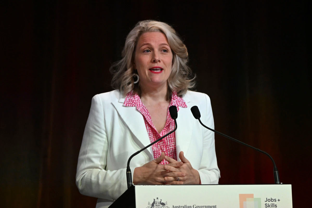 Australia's Home Affairs Minister Clare O'Neil announcing an increase in immigration intake at the Jobs and Skills Summit in Canberra on Sept. 2, 2022. (AAP Image via AP)